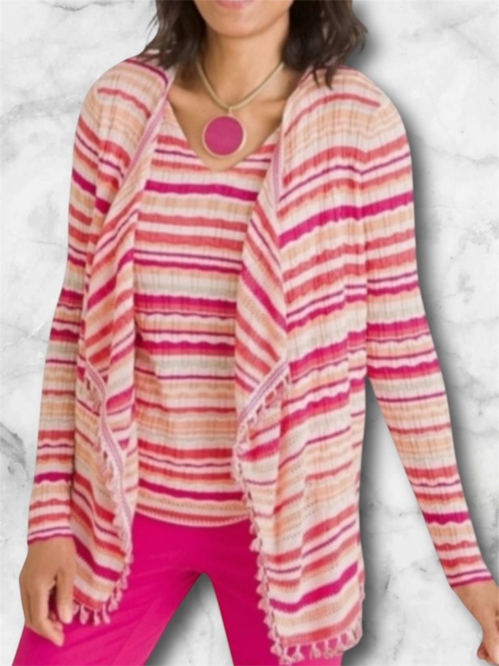 Chico’s Striped Pink White Fringed Open Front Cardigan Sweater Boho Size M - Picture 3 of 12